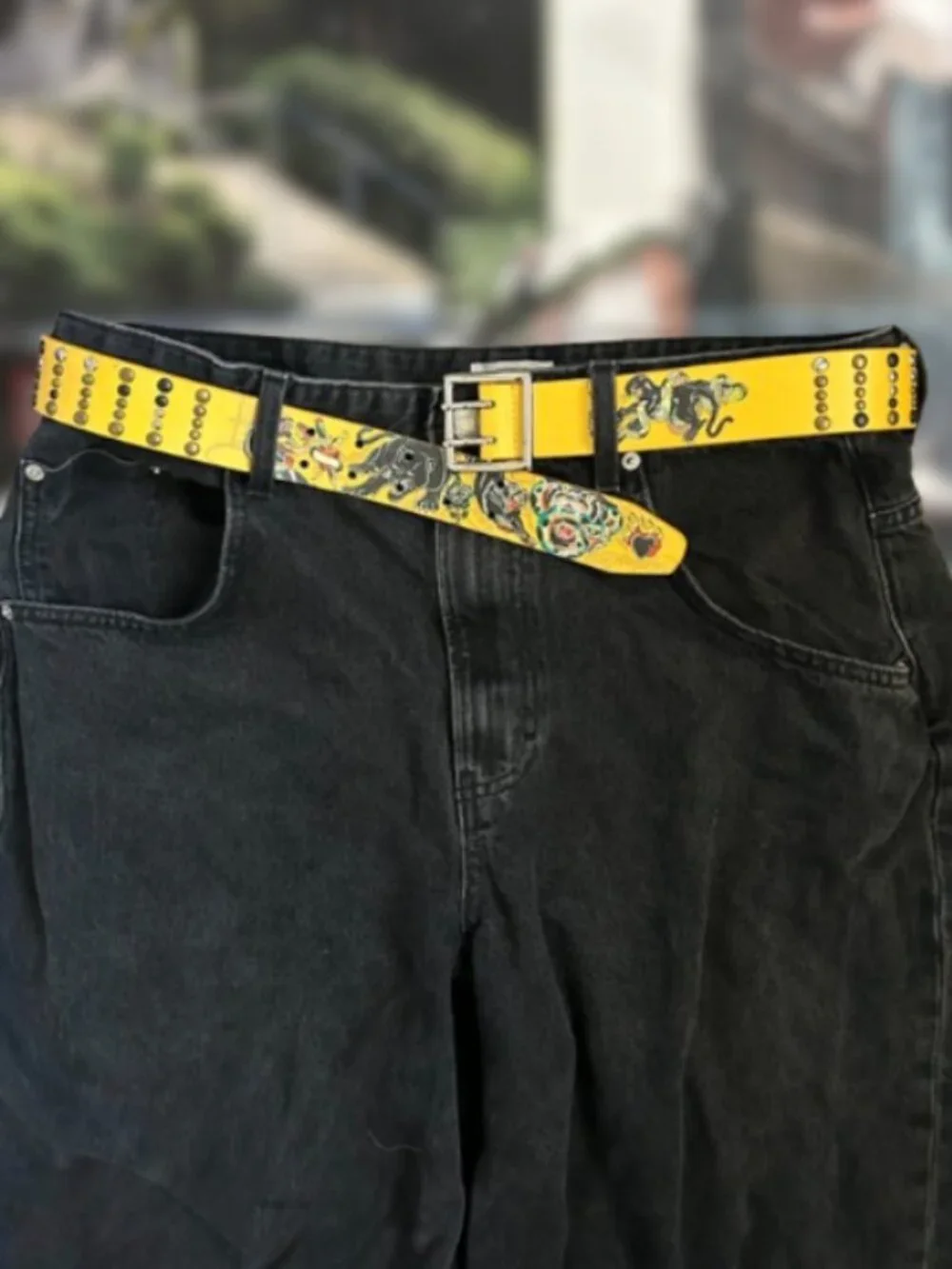 Ed Hardy Studded Tattoo Graphic Leather Belt